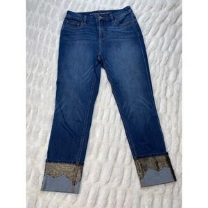 Chicos‎ Jeans Womens Sz 0 Blue Denim So Slimming Girlfriend Ankle Foiled Lace